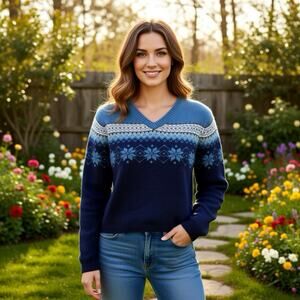 Vintage Women Sweater M Pullover Knit Floral FairIsle Blue Ramie Wool Blend Prep